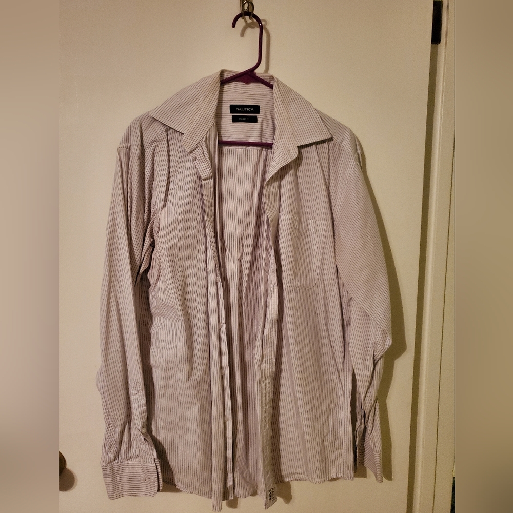 Nautical Classic Fit Long Sleeve Shirt  Sz L Color White w/gray purple stripes